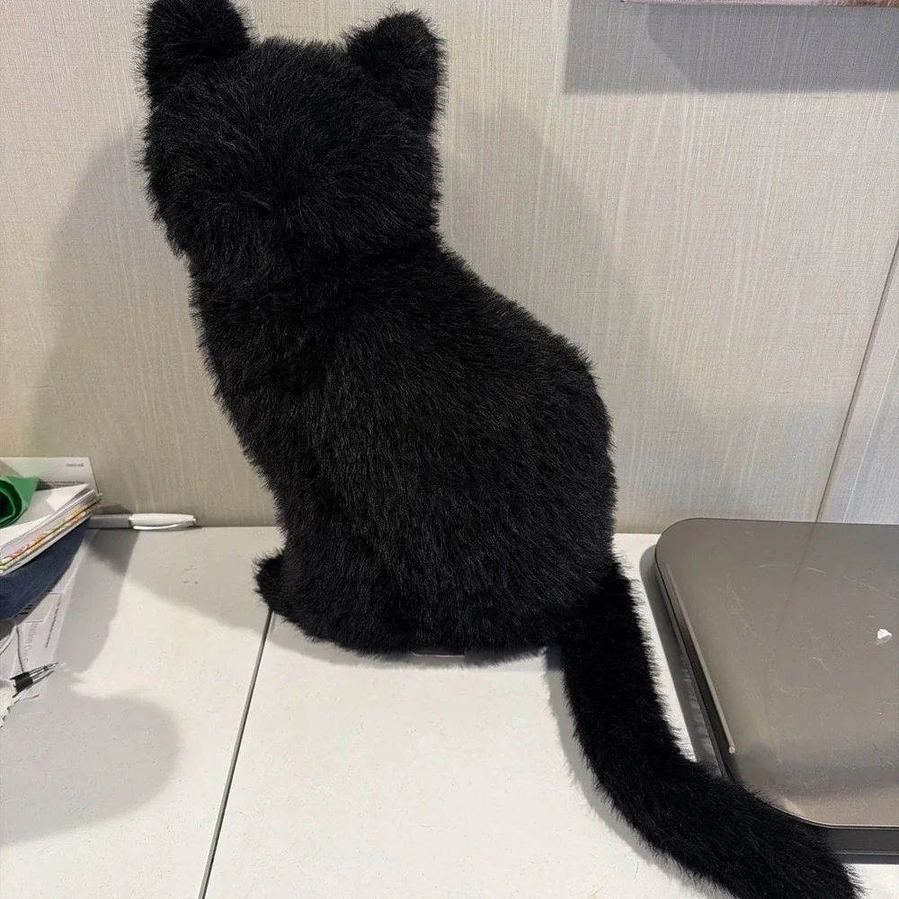 Cynthia Rowley‎ Curious BLACK CAT Faux Fur Pillow Stuffed Green Eyes